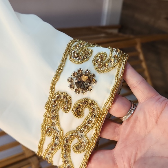 Abdulla Shehab Trading kaftan evening gown cream colored gold beads and crystals - Picture 4 of 16